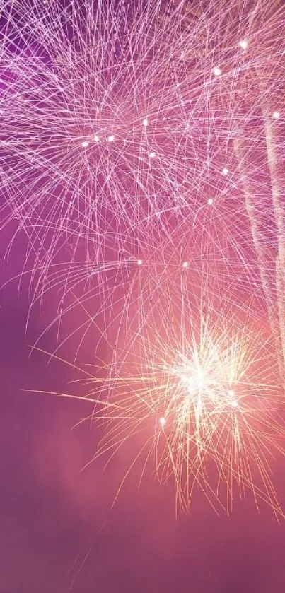 Vibrant fireworks against a bright purple sky, ideal for mobile wallpaper.