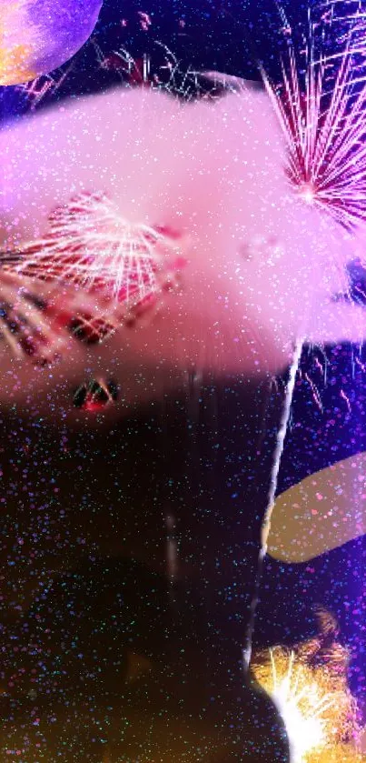 Vibrant fireworks display against a cosmic night sky.