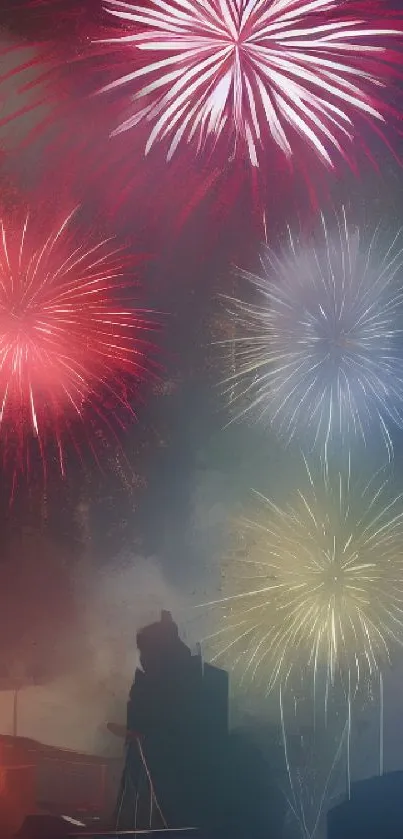 Vibrant fireworks illuminating the dark night sky, creating a festive atmosphere.