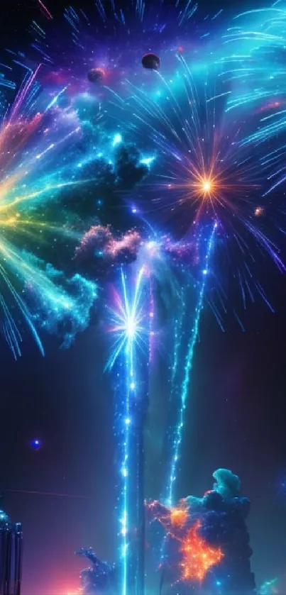 Colorful fireworks bursting across the night sky, creating a vibrant display.