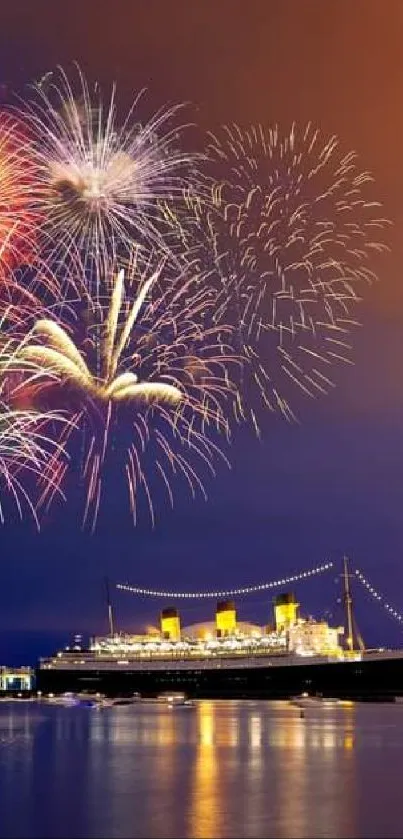 Colorful fireworks burst over a serene harbor at night.