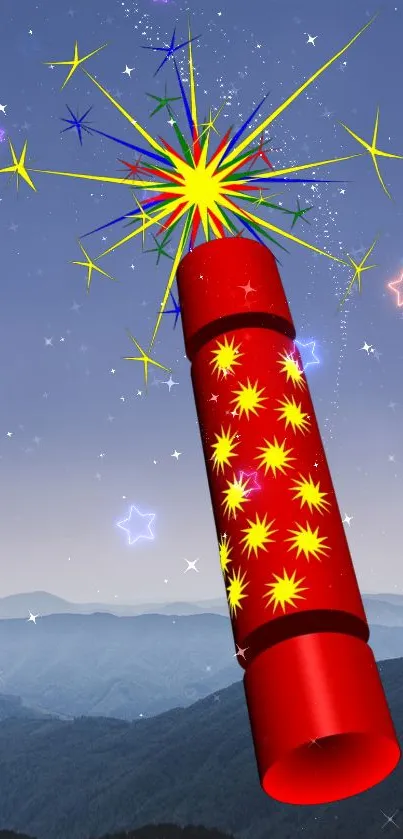 Vibrant red fireworks display against a mountain backdrop with colorful stars.