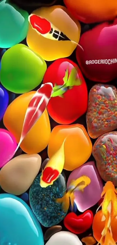Colorful fish swimming among vibrant pebbles.
