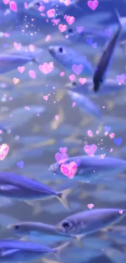 Vibrant fish swimming with pink hearts in a blue aquatic scene wallpaper.