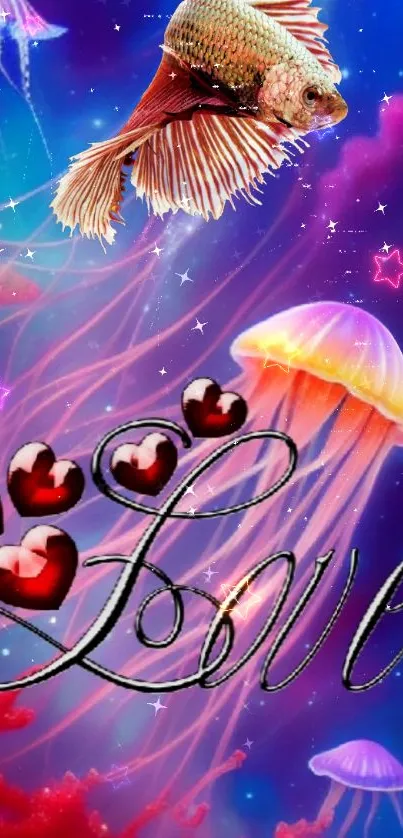 Colorful wallpaper with fish, jellyfish, hearts, and love text.