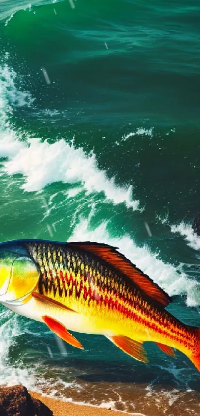 Mobile wallpaper of a colorful fish jumping over ocean waves.