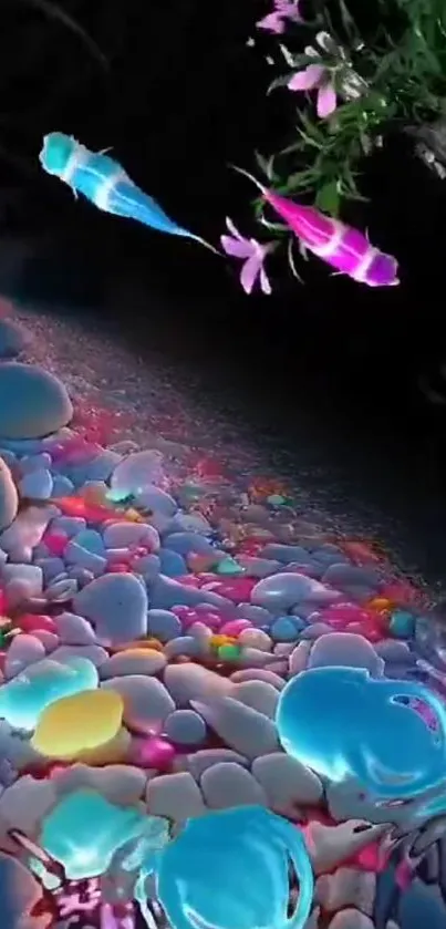 Vibrant mobile wallpaper with colorful fish and pebbles.