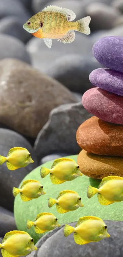 Colorful fish swim around stacked stones on a pebbly background.