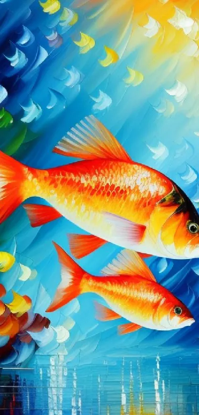 Artistic wallpaper with colorful fish in bold orange and blue hues.