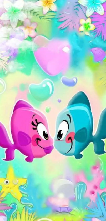 Two colorful cartoon fish in an underwater scene with vibrant colors.