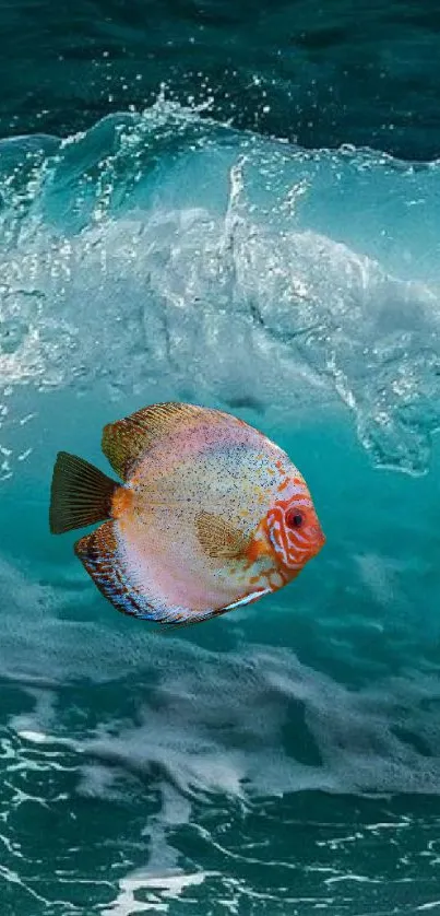 Colorful fish swimming in vibrant ocean waves.