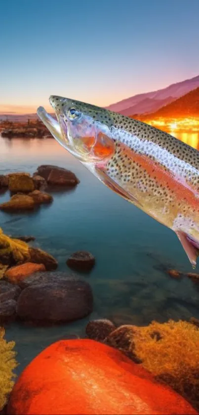 Rainbow trout over serene lake at sunset with mountains in the background.