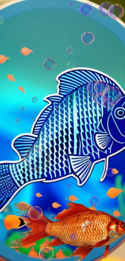 Vivid fish illustration wallpaper with bubbles on a cyan background.