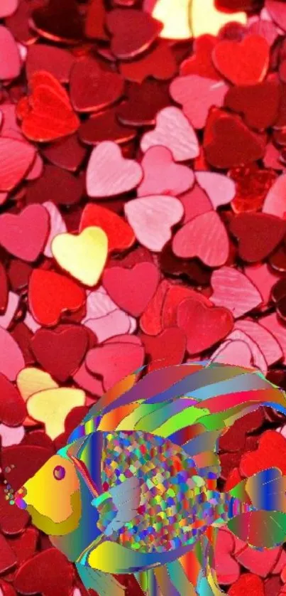 Colorful fish over red and pink heart wallpaper.