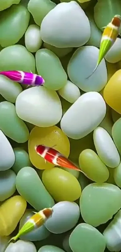 Colorful fish swimming over smooth pebbles.