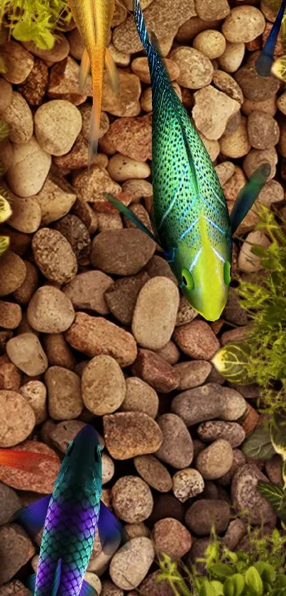 Colorful fish swimming over pebbles with green plants.