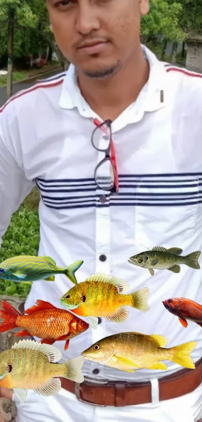 Person with colorful fish print on white shirt.