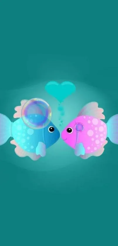 Colorful fish with heart bubble on turquoise background.