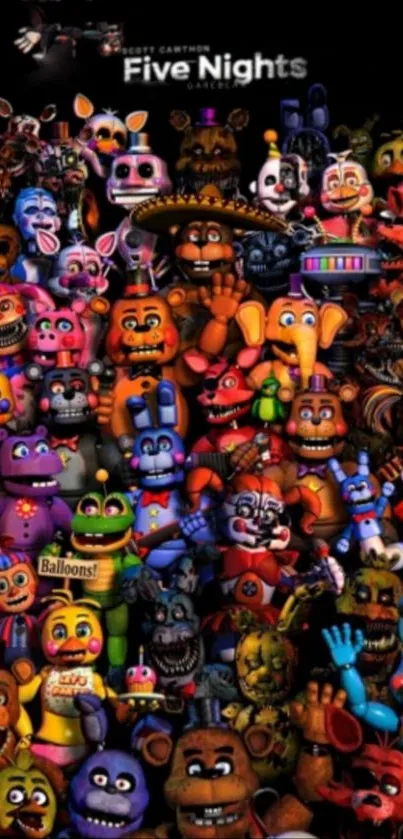 Colorful Five Nights at Freddy's characters in vibrant mobile wallpaper.