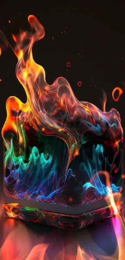 Abstract colorful flame inside a cube on a dark background.