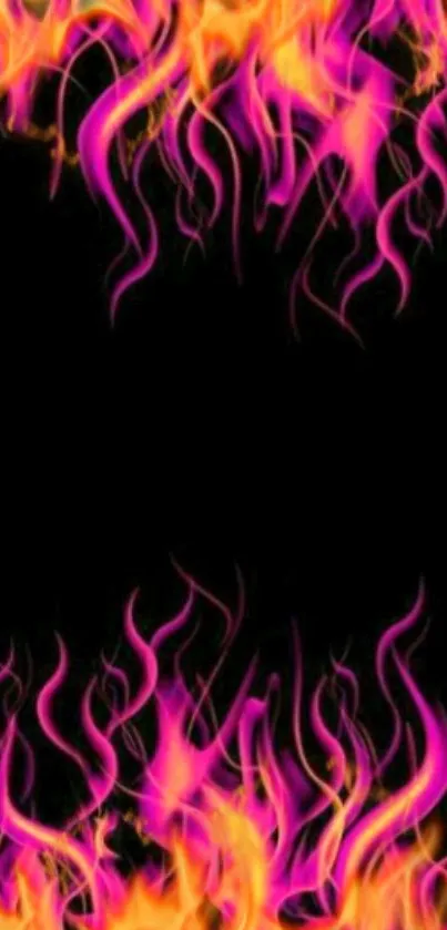 Vibrant pink and orange flames on a black phone wallpaper.