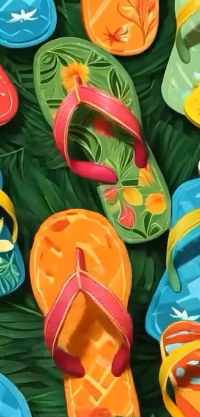 Vibrant flip flops on green grass background.