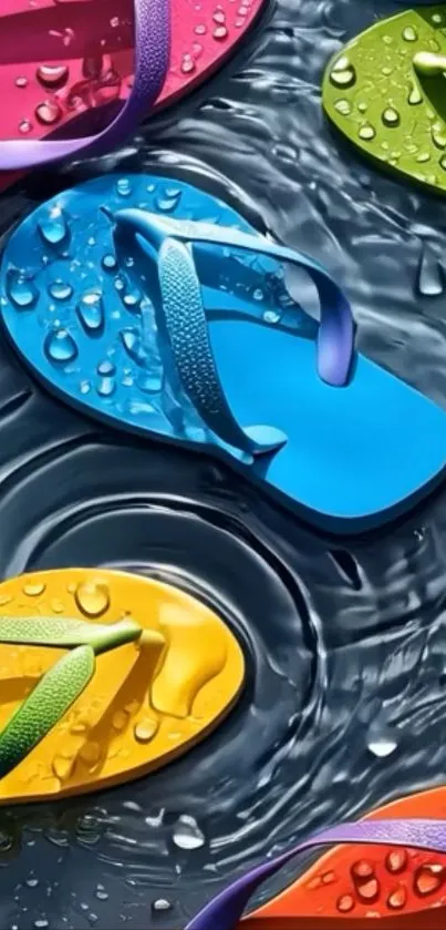 Vibrant flip flops floating on water with ripples and droplets.