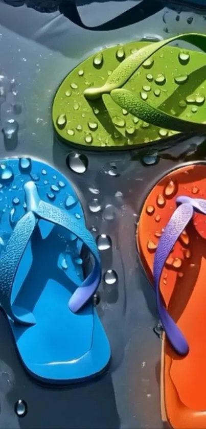 Colorful flip-flops with water droplets on them.