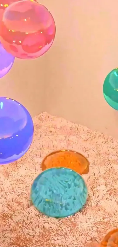Vibrant 3D bubbles floating over a pastel carpet.