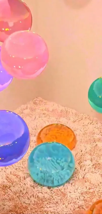 Colorful floating orbs create a whimsical atmosphere in this mobile wallpaper.