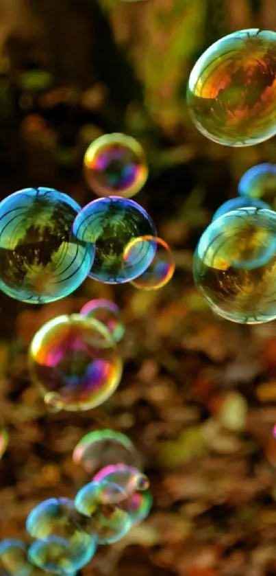 Mobile wallpaper featuring colorful, floating soap bubbles in nature.