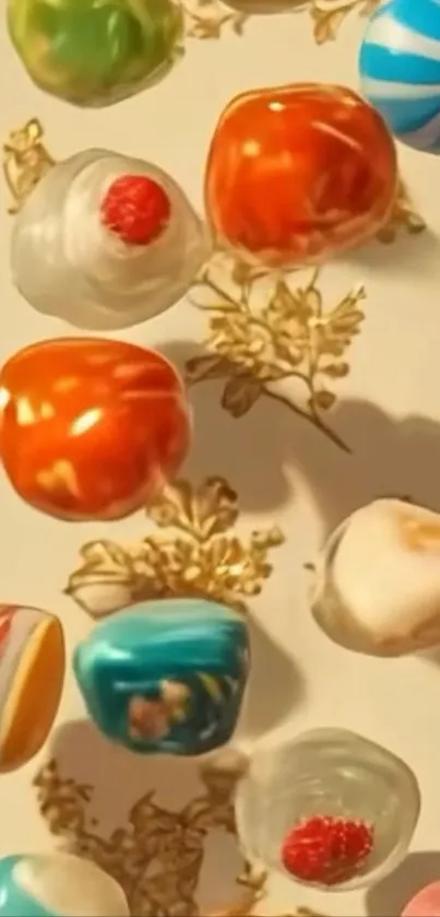 Colorful sweets art mobile wallpaper with floating candy.