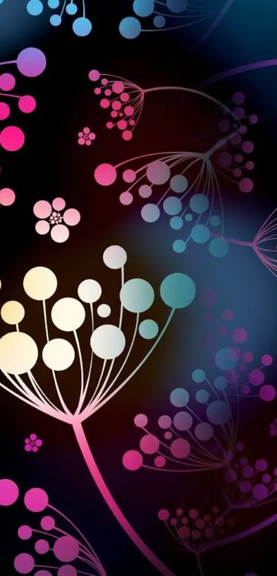 Vibrant abstract floral wallpaper with colorful spheres on black background.