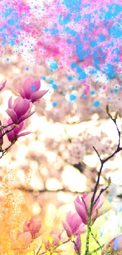 Pink cherry blossoms with abstract color splashes in mobile wallpaper.
