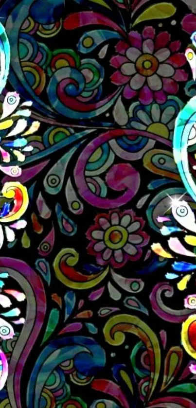 Colorful abstract floral wallpaper with vibrant patterns and a black background.