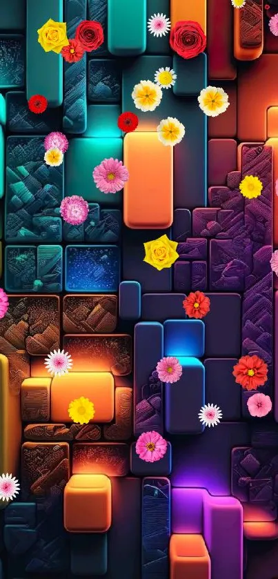 Colorful geometric wallpaper with vibrant flowers on a digital abstract background.