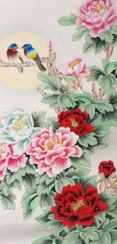 Beautiful watercolor of peony flowers and birds in Asian style.