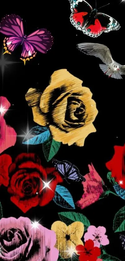 Colorful roses with butterflies and birds on a dark wallpaper background.