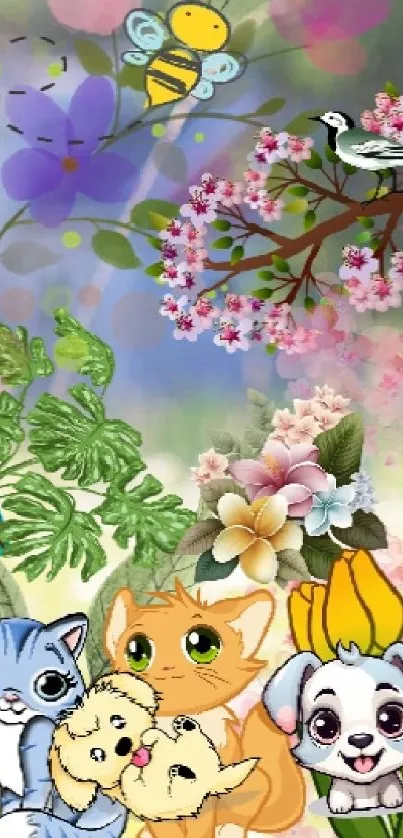 Cute animals and floral design on vibrant background.