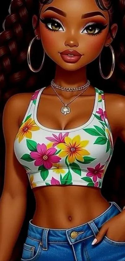 Anime character with floral attire on a vibrant wallpaper.