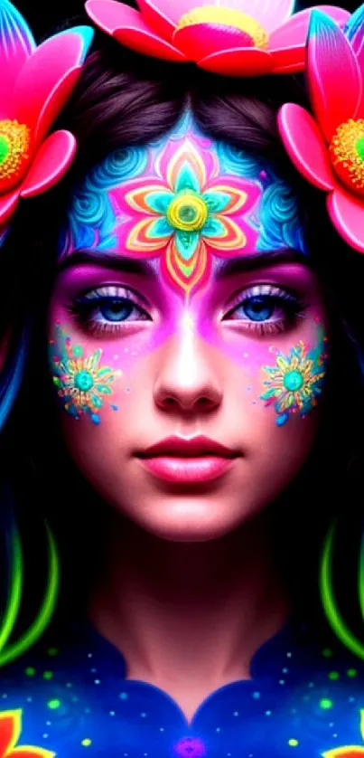A vibrant portrait of a woman adorned with colorful flowers and abstract art elements.