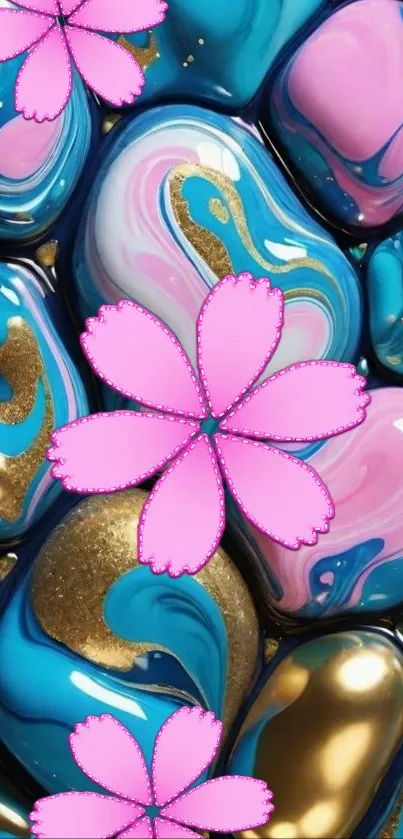 Colorful stones with pink flowers in abstract style.