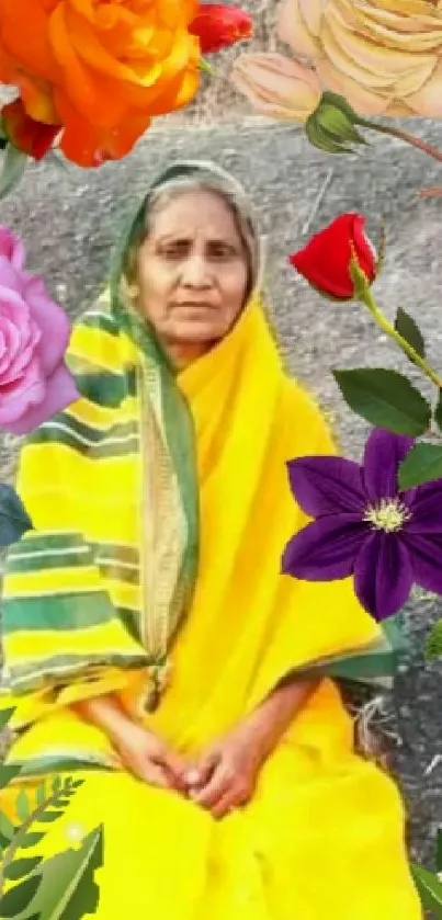 Elderly woman in colorful floral art with yellow attire seated on a rocky terrain.