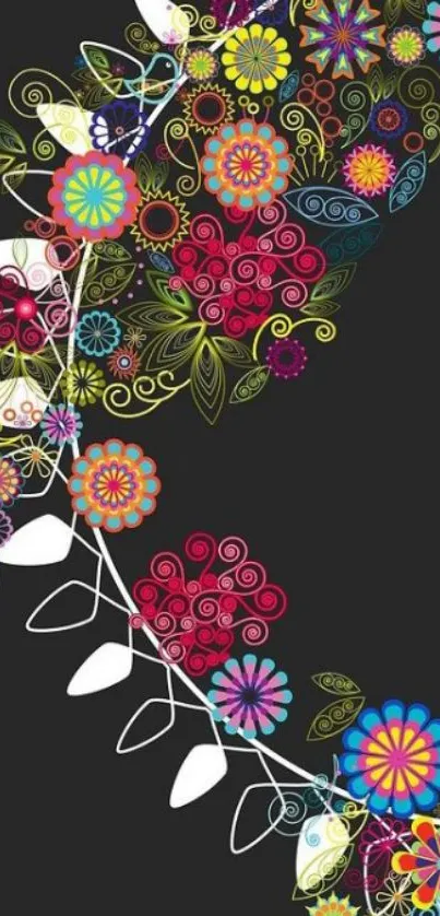 Colorful floral art wallpaper with intricate flower patterns on a black background.