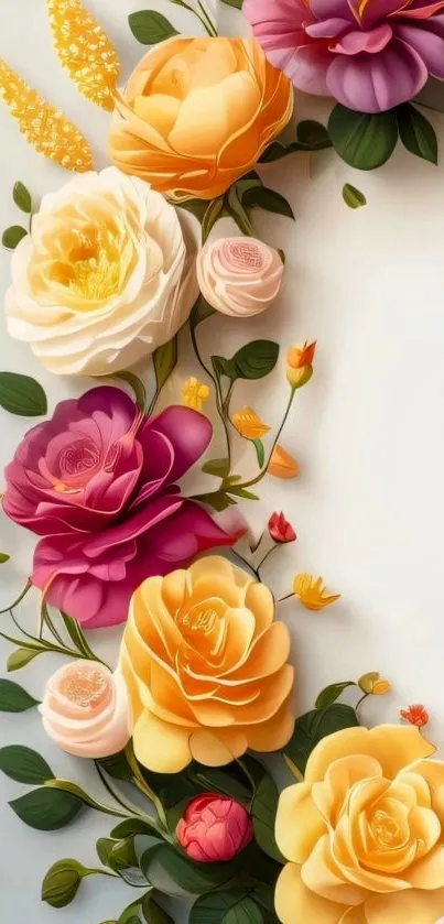 Vibrant floral art wallpaper with roses in orange, pink, and white hues on a mobile screen.