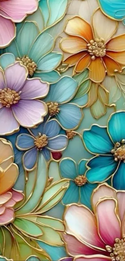 Colorful floral wallpaper with gold outlines.