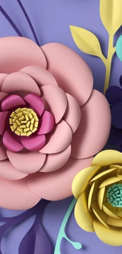 Colorful paper-cut floral art wallpaper with pastel hues.