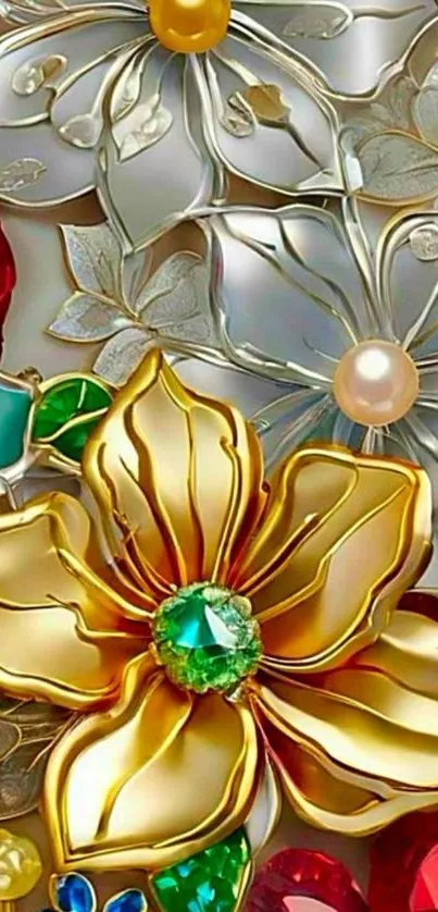 Elegant floral art with golden flower and jewels.