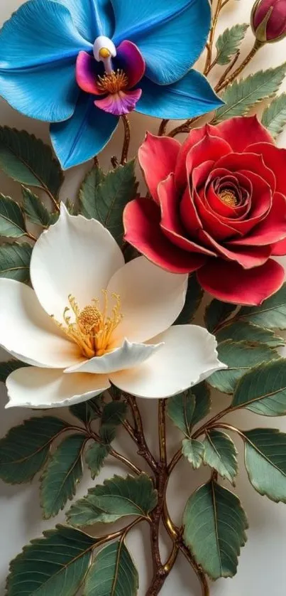 Vibrant floral mobile wallpaper featuring blue, red, and white flowers.