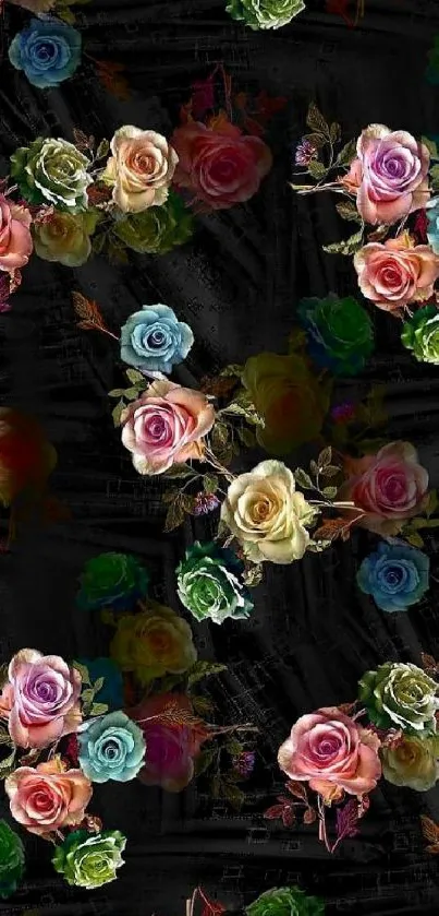 Elegant floral wallpaper with colorful roses on a dark background.